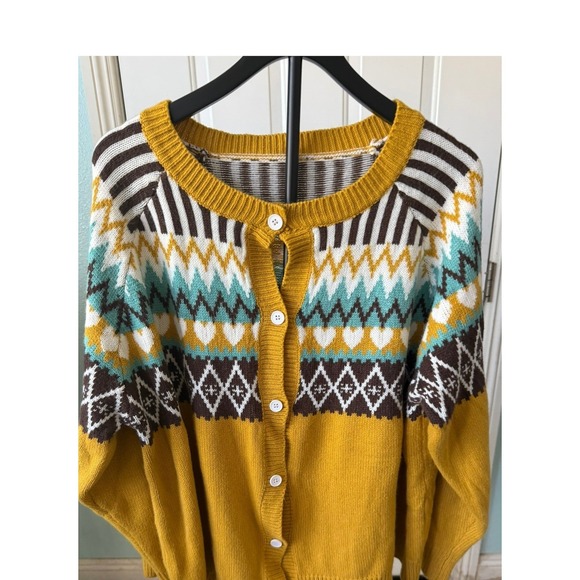 SHEIN Sweaters - Fair Isle Mustard Yellow Button‎ Front Cardigan Sweater Hearts Diamonds 4XL